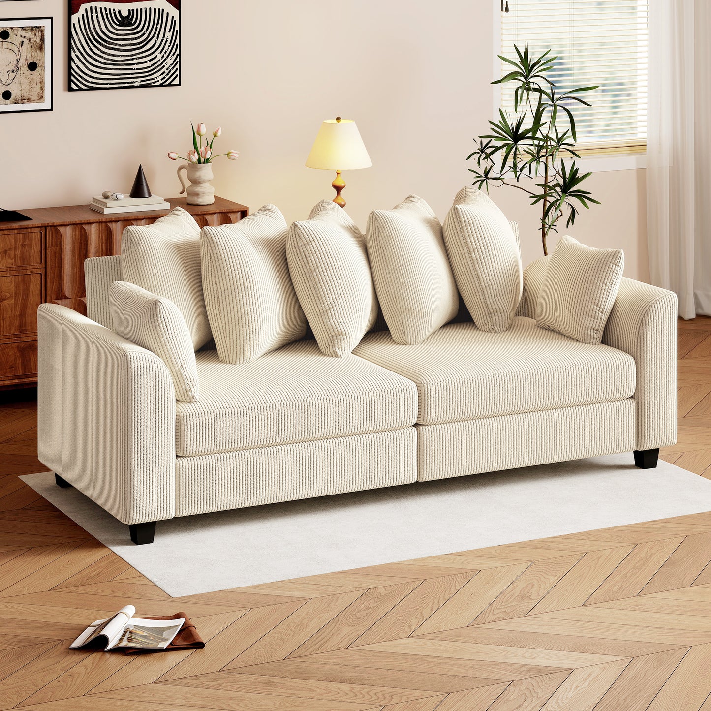 Corduroy Couch, 3 Seater Sofa, Modern Upholstered Couch with Curved Armrests and 8 Removable Pillows, Beige