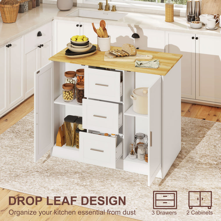 Kitchen Island with 3 Drawers & Storage - White