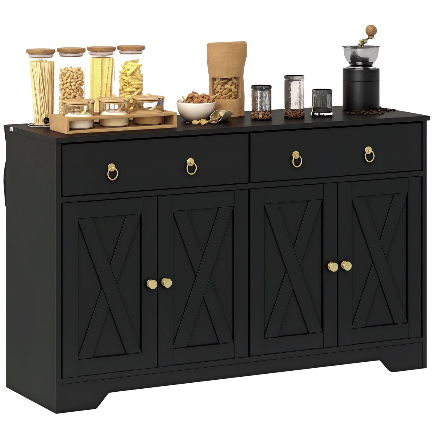 Sideboard Cabinet with 2 Drawers, 4 Barn Doors and 2 Adjustable Shelves, Buffet Table for Living Room, Black