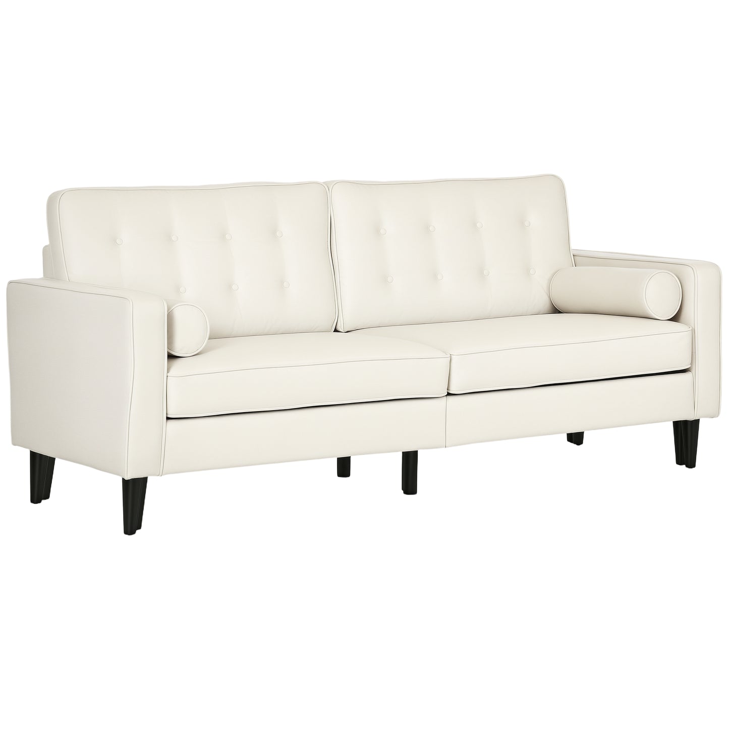 Mid-Century Sofa, Couch with Button-Tufted Back Cushion, Linen Feel Fabric Upholstery, 2 Cylindrical Pillows and Rubber Wood Legs for Living Room, Cream White