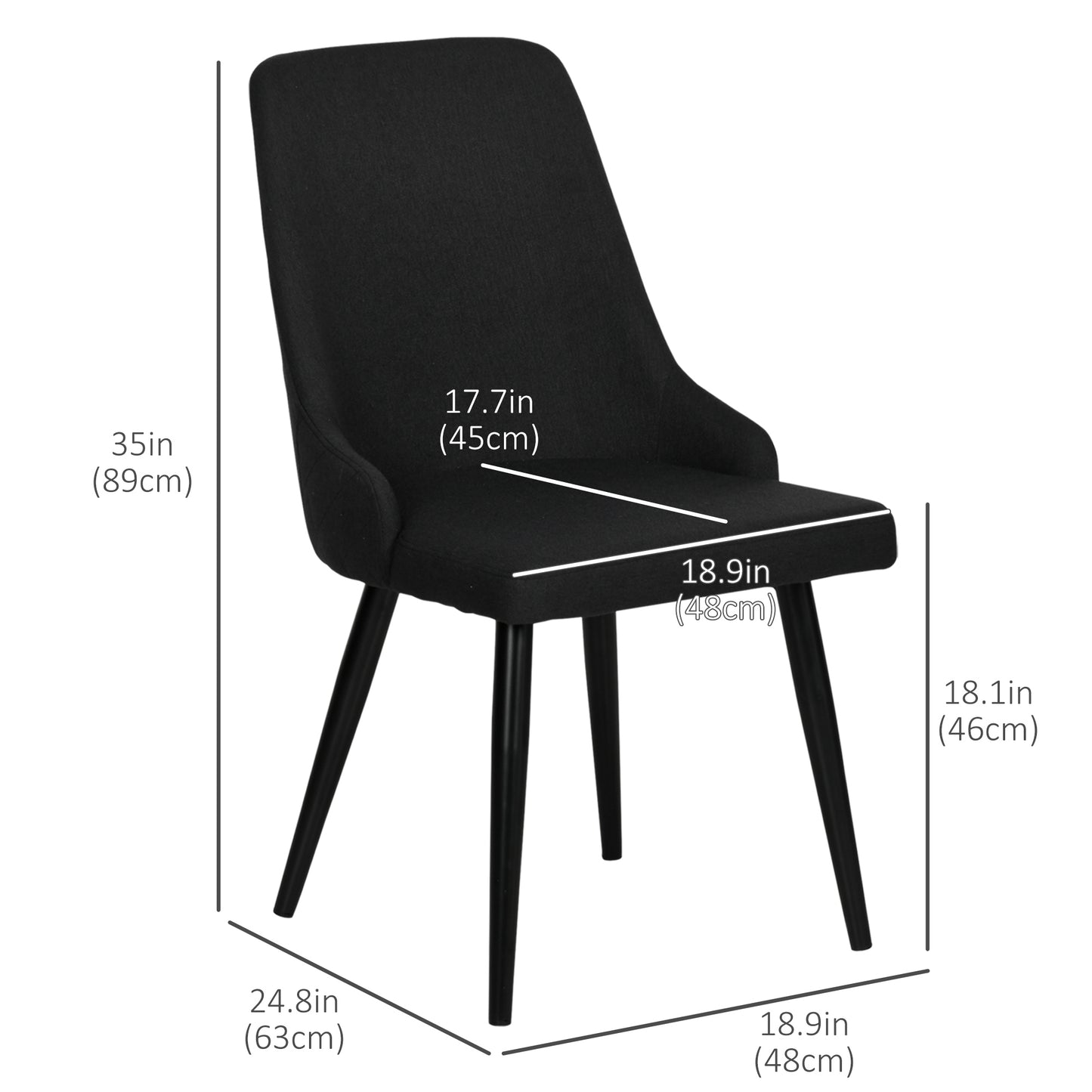 Modern Dining Chair Set of 2, Fabric Upholstered Side Chairs for Kitchen Living Room with Metal Legs, Black