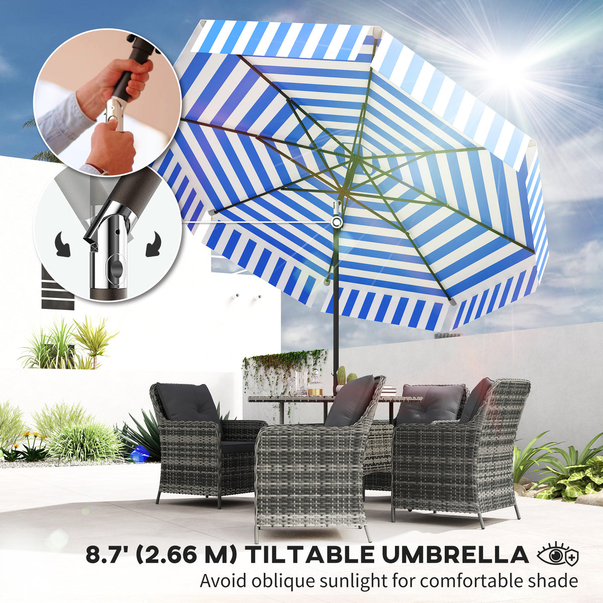 8.7FT Tilting Patio Umbrella with 8 Ribs, Crank Handle, Air Vent for Outdoor, Garden and Pool, Navy Blue