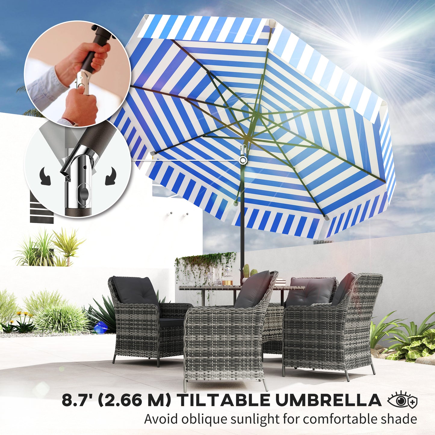 8.7FT Tilting Patio Umbrella with 8 Ribs, Crank Handle, Air Vent for Outdoor, Garden and Pool, Navy Blue