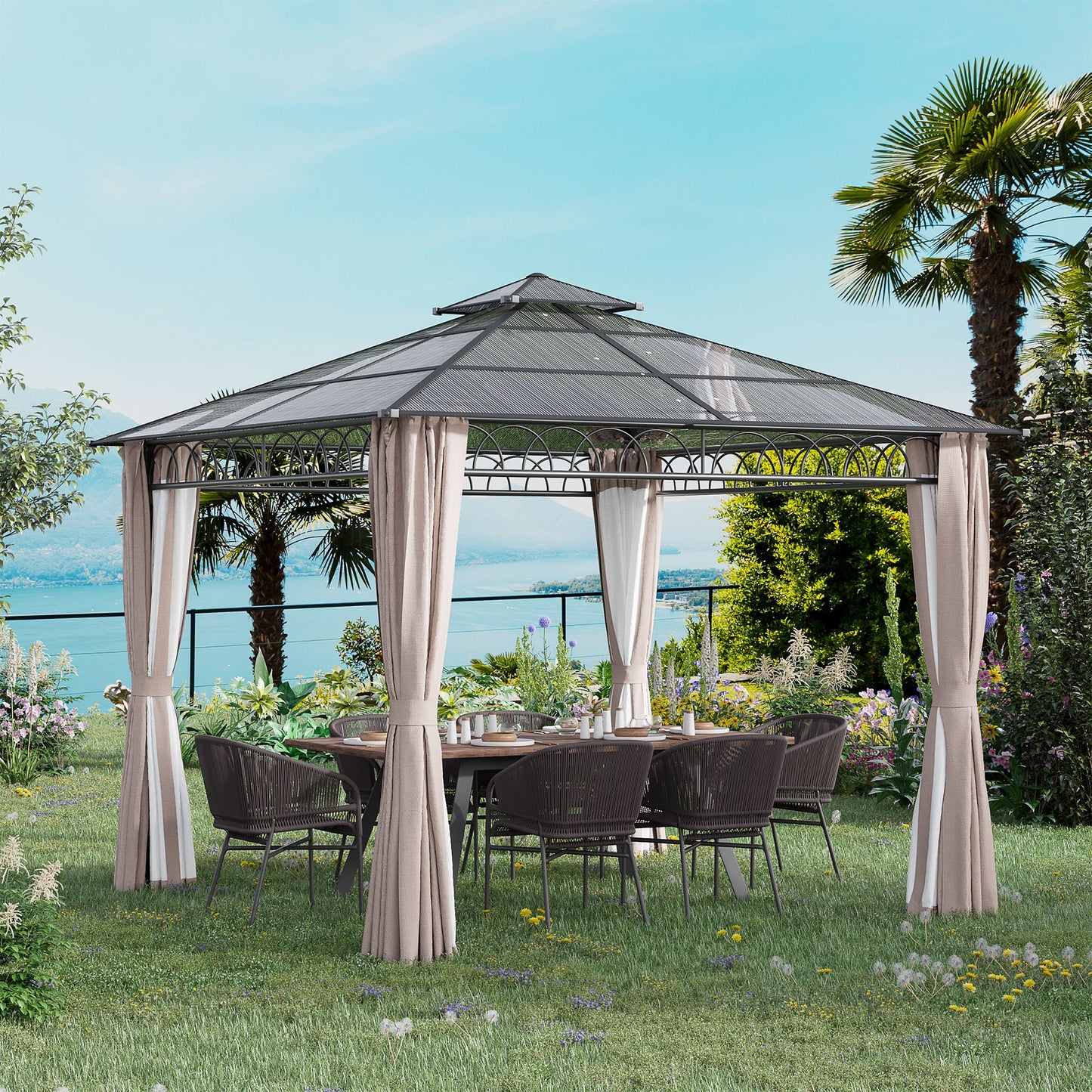 10' x 10' Outdoor Hardtop Gazebo Canopy w/ Double PC Roof, Steel Frame, Nettings, Curtains for Garden Lawn Deck, Khaki