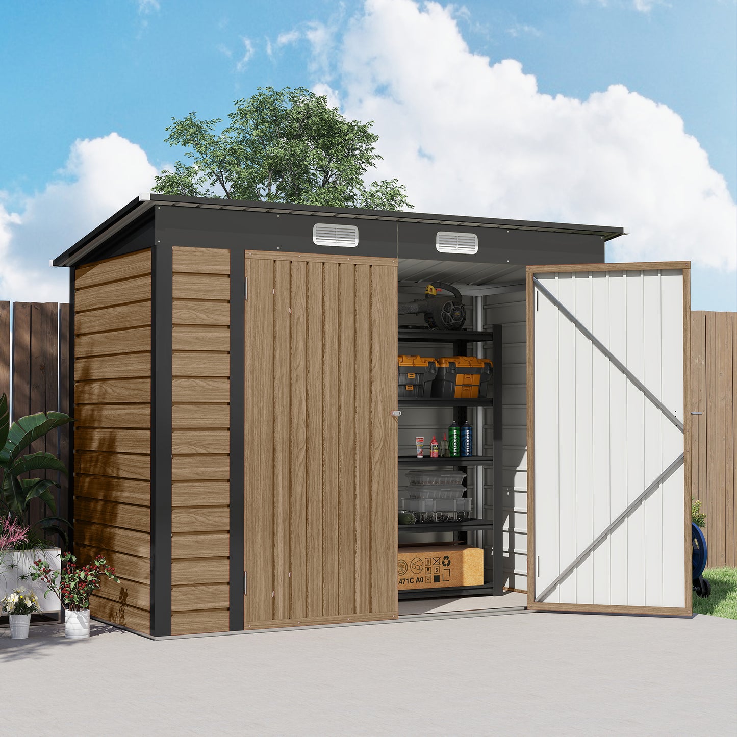 8 x 4 ft Galvanized Garden Storage Shed, Metal Outdoor Tool House with Double Doors and Dual Vents for Backyard and Patio Storage, Teak