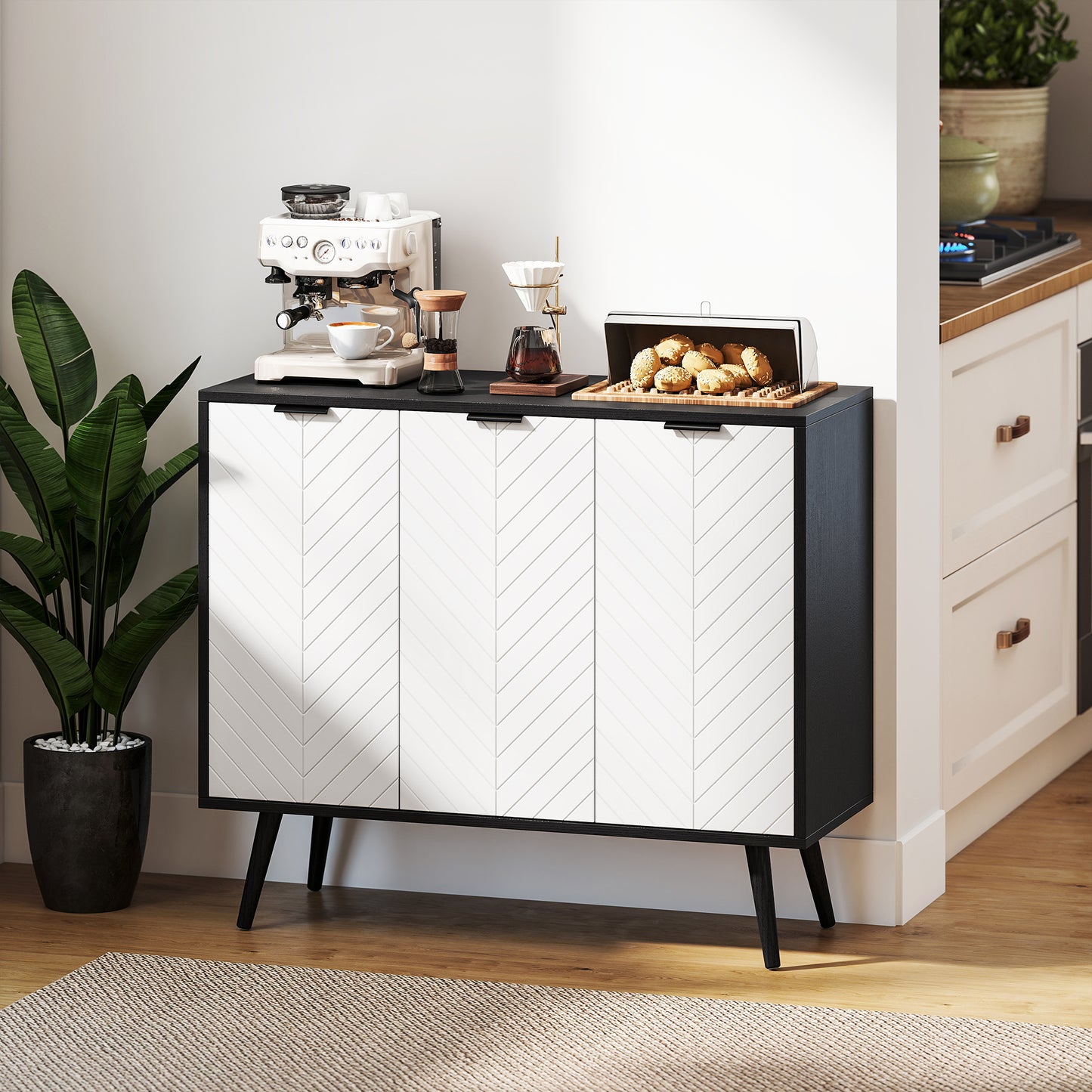Modern Sideboard and Buffet, Dining Room Cabinet with Adjustable Shelves and 3 Doors, Black