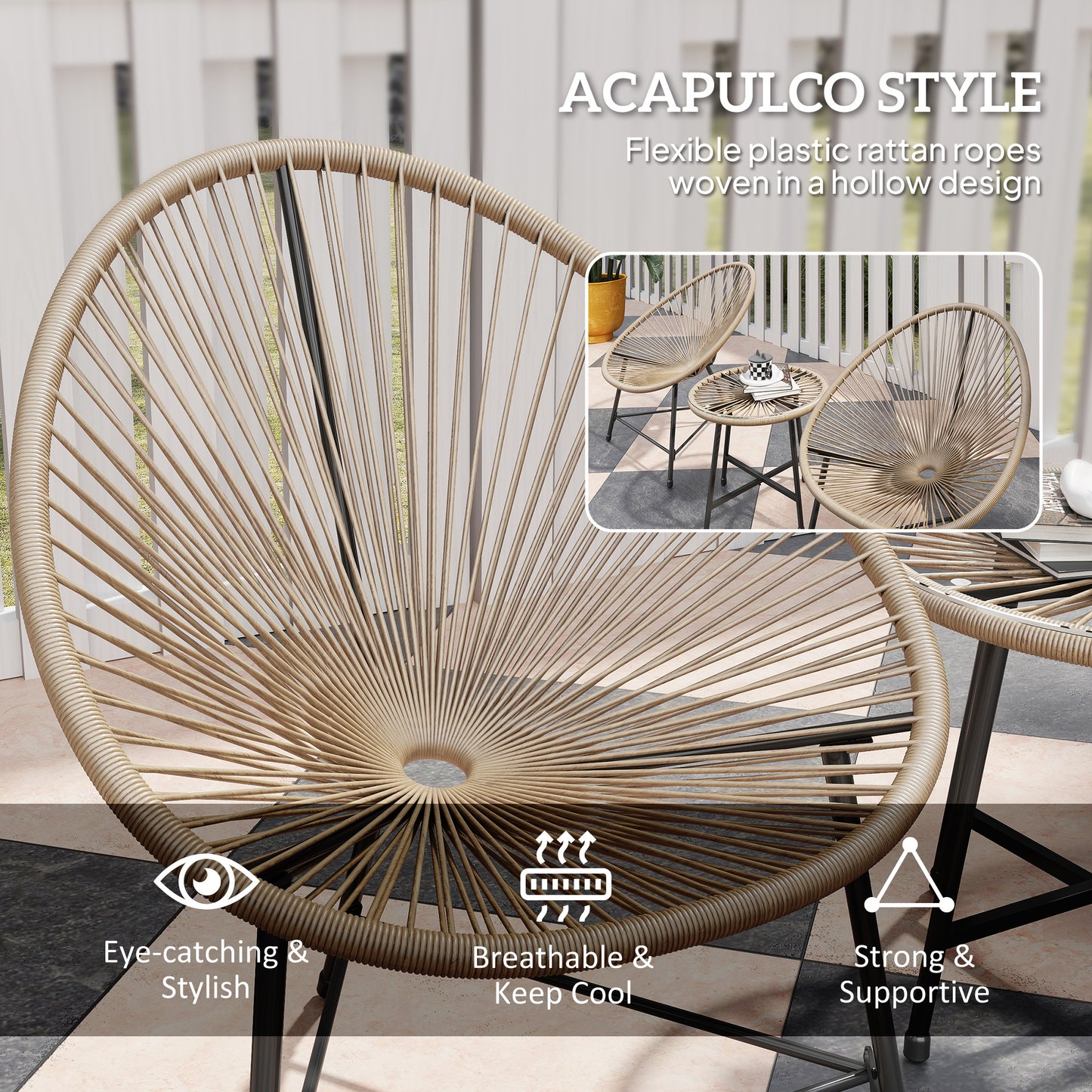 Outdoor Bistro Set, 3 Piece Wicker Patio Furniture Set with Acapulco Chairs and Glass-Top Table, Natural Wood
