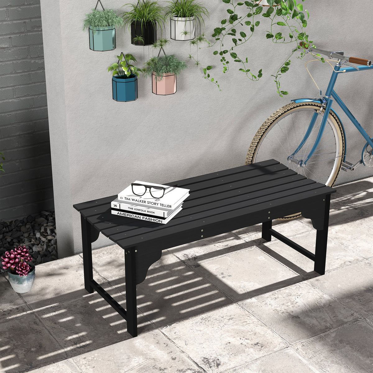 Wooden Garden Bench, Patio Double Park Bench with Slatted Seat, Front Porch Backless Bench, Black