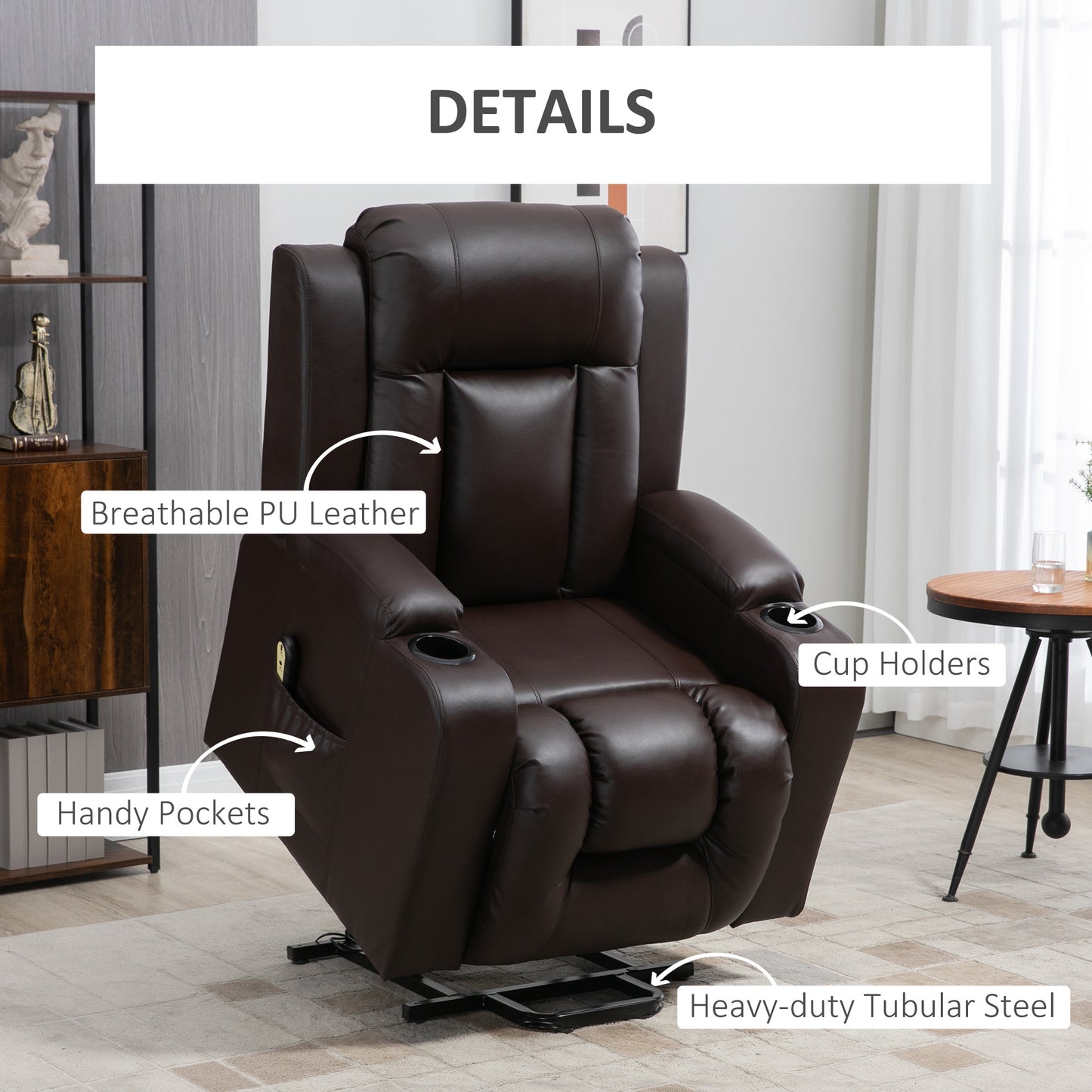 Electric Power Lift Chair, PU Leather Recliner Sofa with Footrest, Remote Control and Cup Holders, Brown