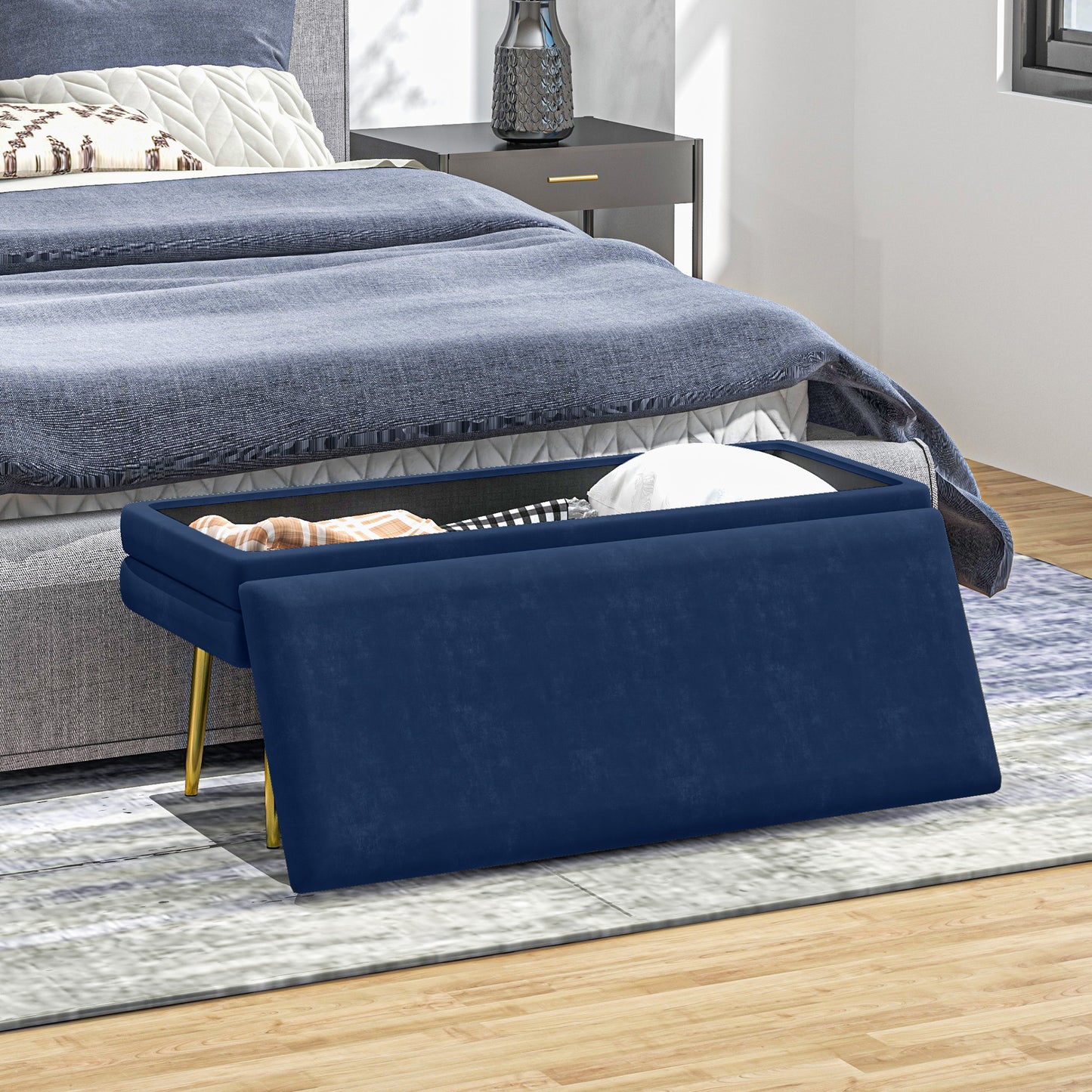 39" Storage Ottoman, Velvet End of Bed Bench with Steel Legs, Foot Stool with Storage for Bedroom, Living Room