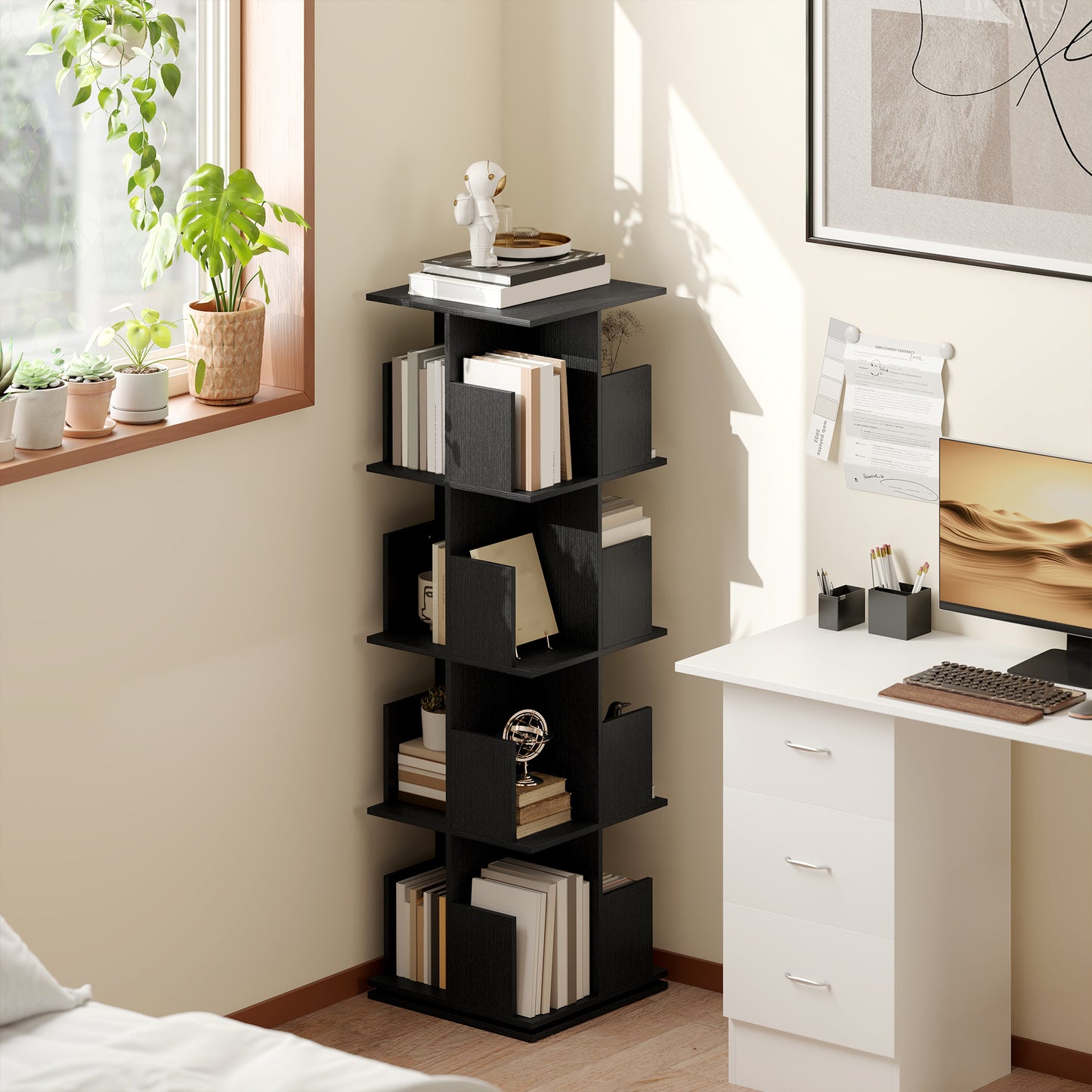 360° Rotating Bookcase with Anti-Tipping Straps and Anti-Slip Foot Pads, 4-Tier Bookshelf with 16 Cubbies, Black