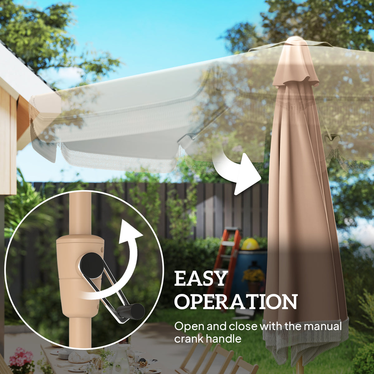 9ft Khaki Fringed Market Table Umbrella with Push Button Tilt