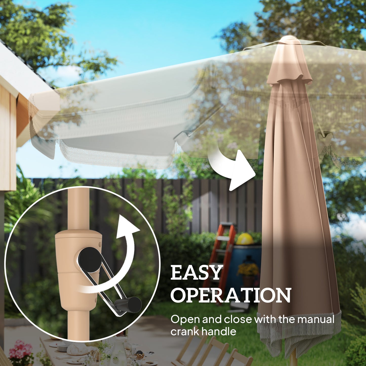9ft Khaki Fringed Market Table Umbrella with Push Button Tilt