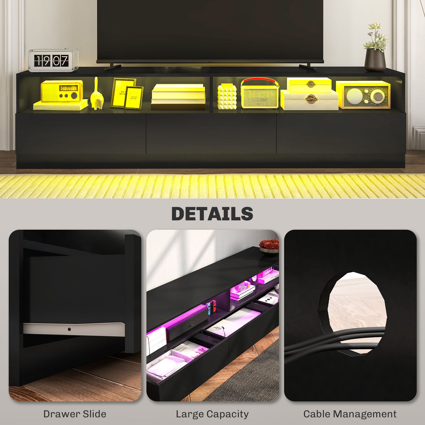 LED Lighted TV Stand for TVs up to 75", Modern TV Cabinet with Storage Drawers for Living Room, High Gloss Black