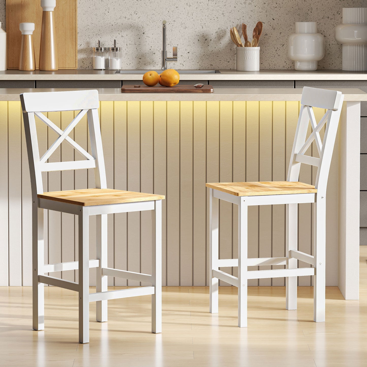 Counter Height Stools Set of 2, Farmhouse Bar Stools with Backs, Solid Wood Counter Stools for Kitchen Island