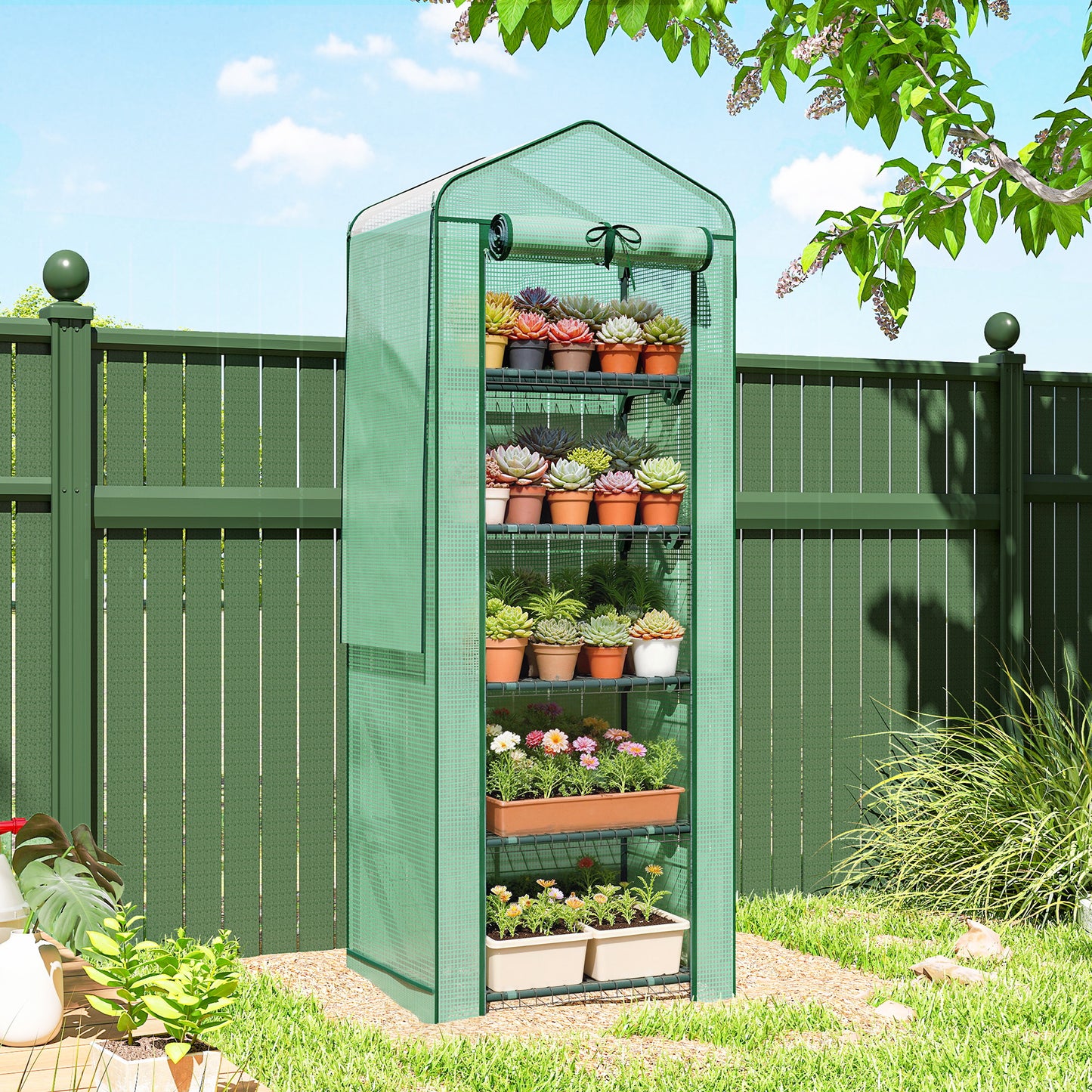 Mini Greenhouse with Screen Roof, Portable Small Greenhouse with Roll-Up Zipper Door