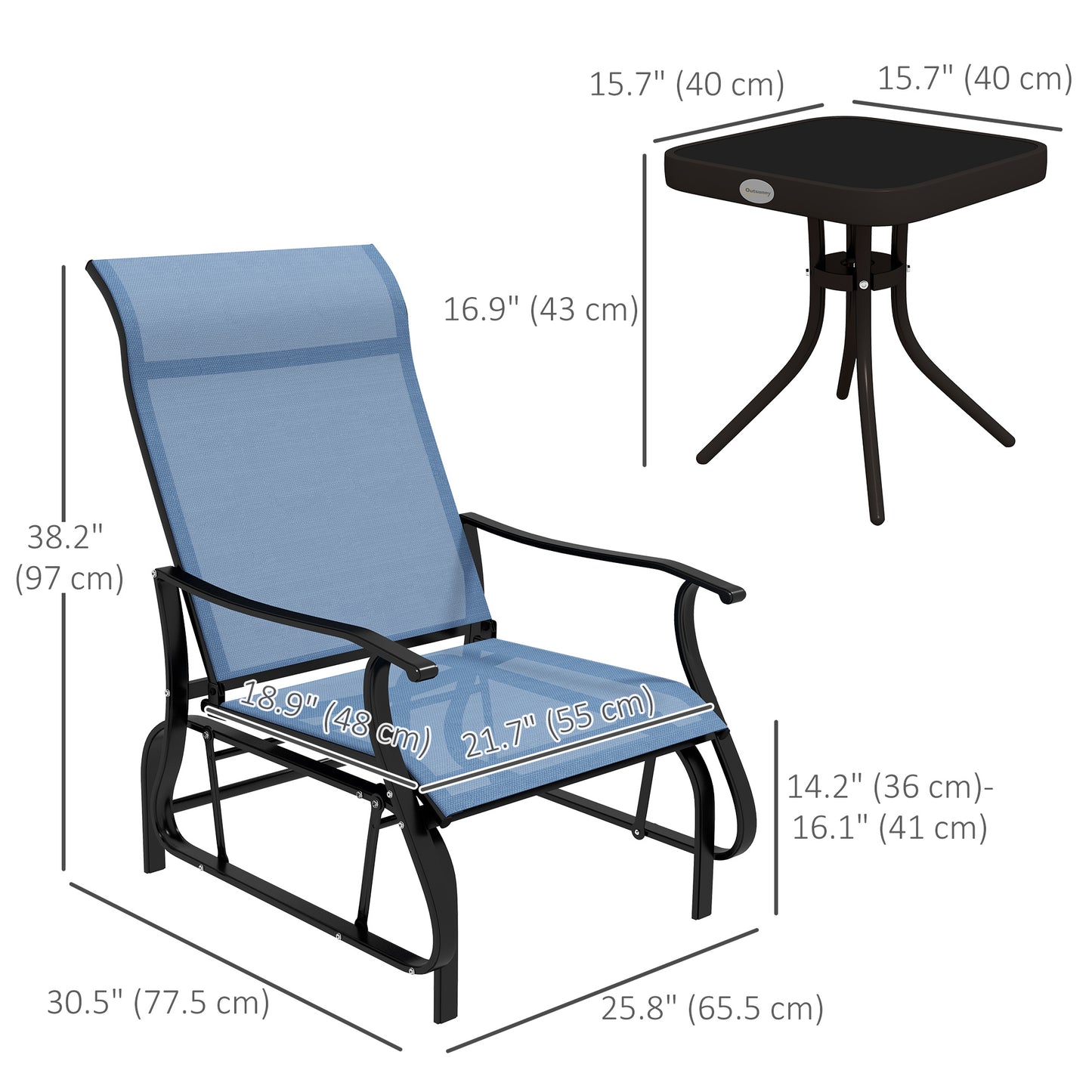 3PCs Gliding Rocking Chair & Bistro Tea Table Set, Grey
