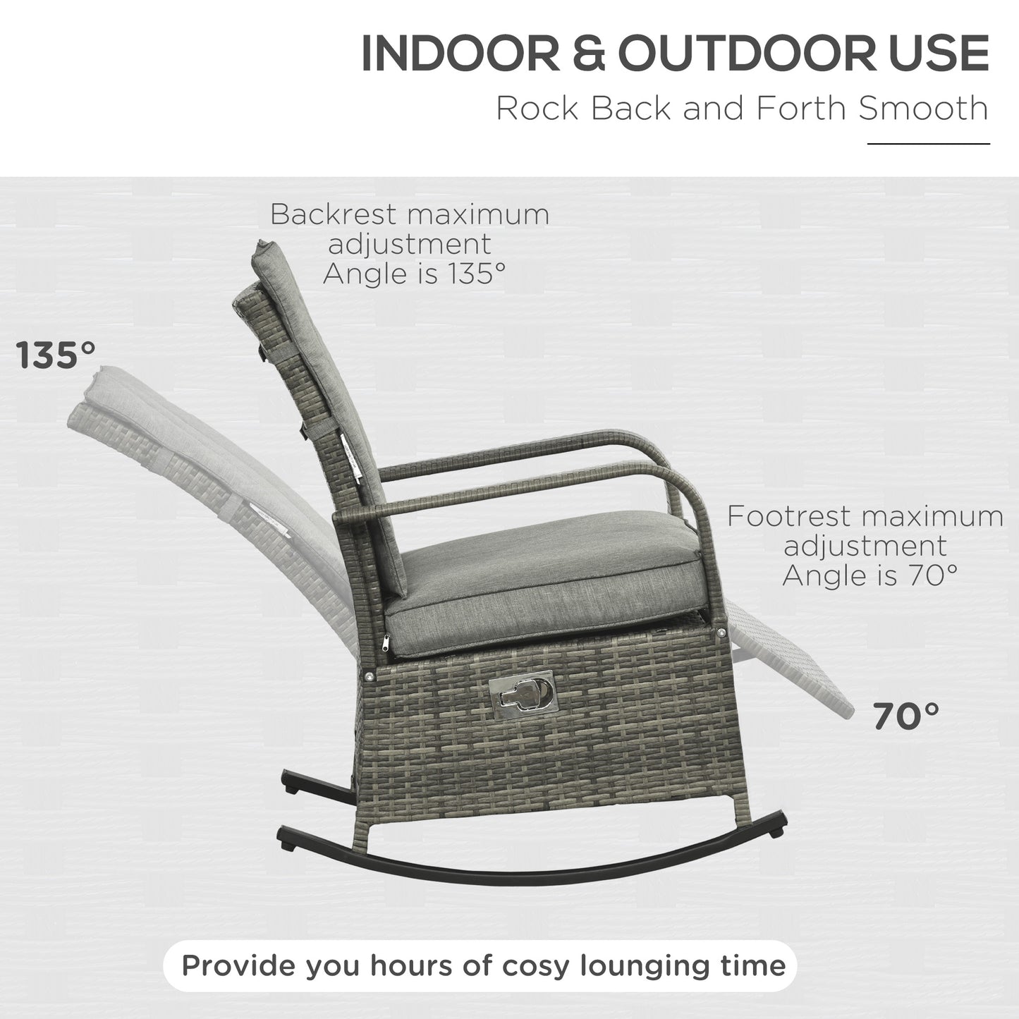 Outdoor Wicker Rocking Chair with Cushion, Patio PE Rattan Recliner Chair with Adjustable Footrest, Armrests, Red