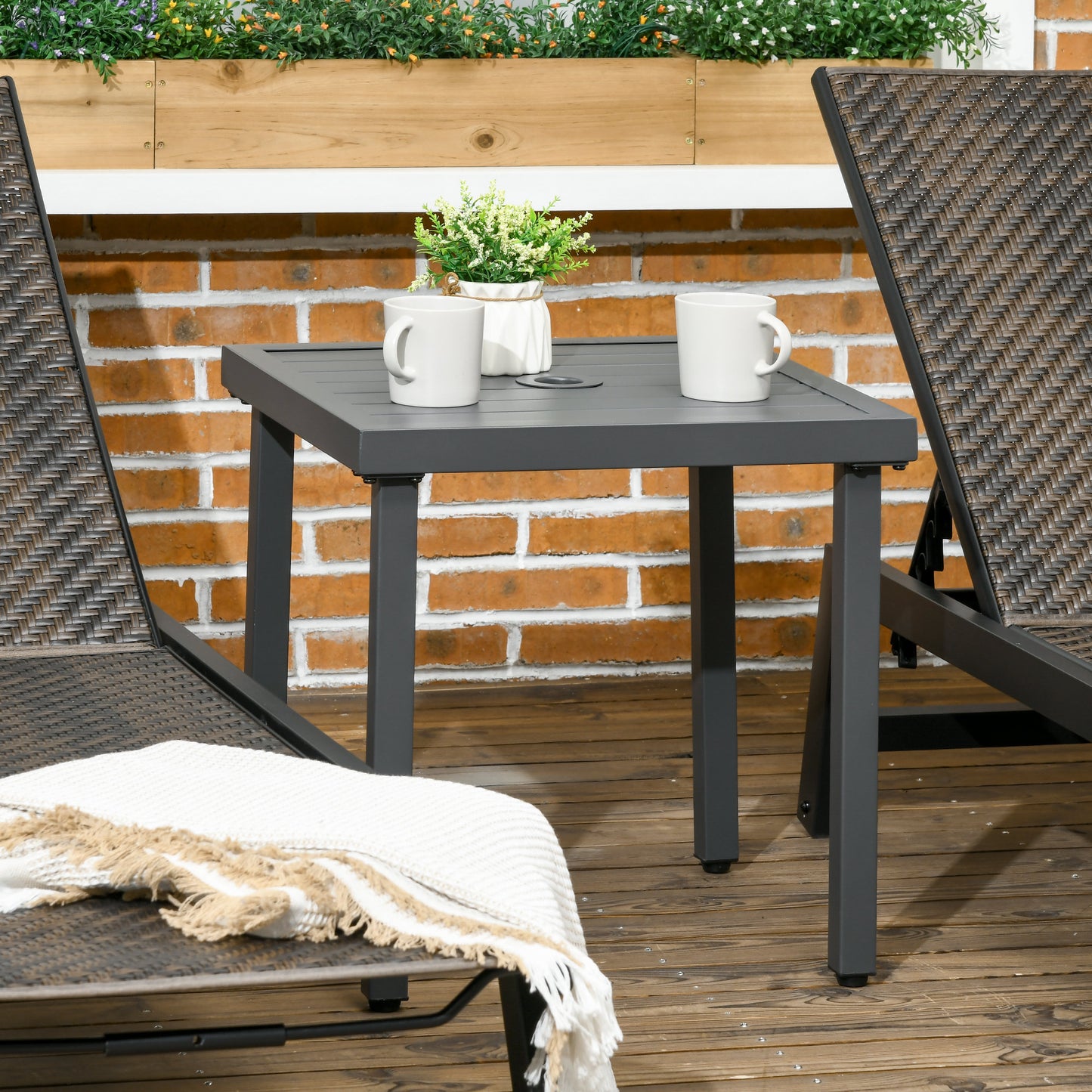Outdoor Side Table, Patio End Table with Umbrella Hole, Small Coffee Table with Steel Frame for Balcony, Black