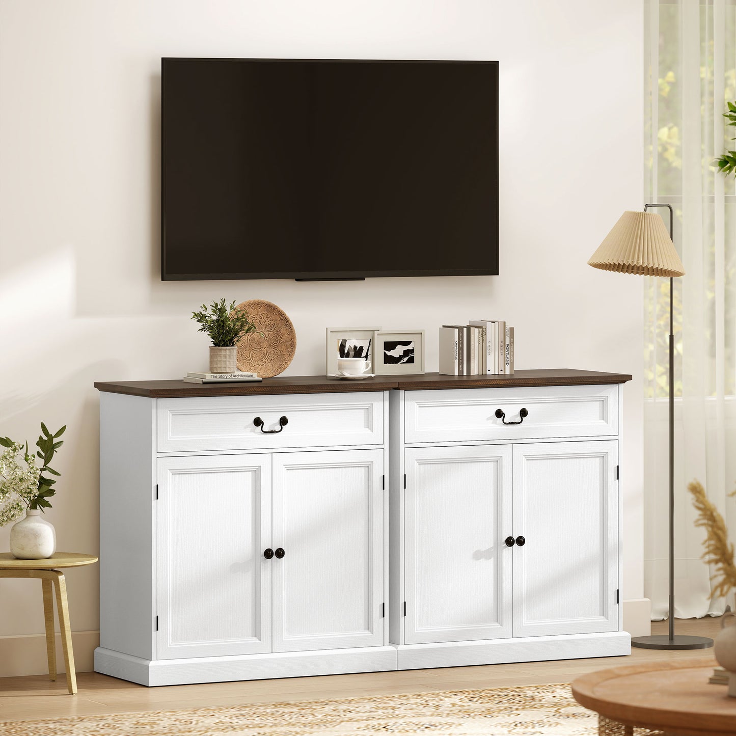 Buffet Cabinet, 32" Farmhouse Sideboard with Thick Top, Quiet Drawer and Adjustable Shelf, White Wood Grain