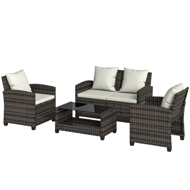 4-Piece Wicker Conversation Set with 2-Tier Table - Beige