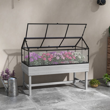 Distressed Grey Wood Planter Box with Cold Frame Greenhouse