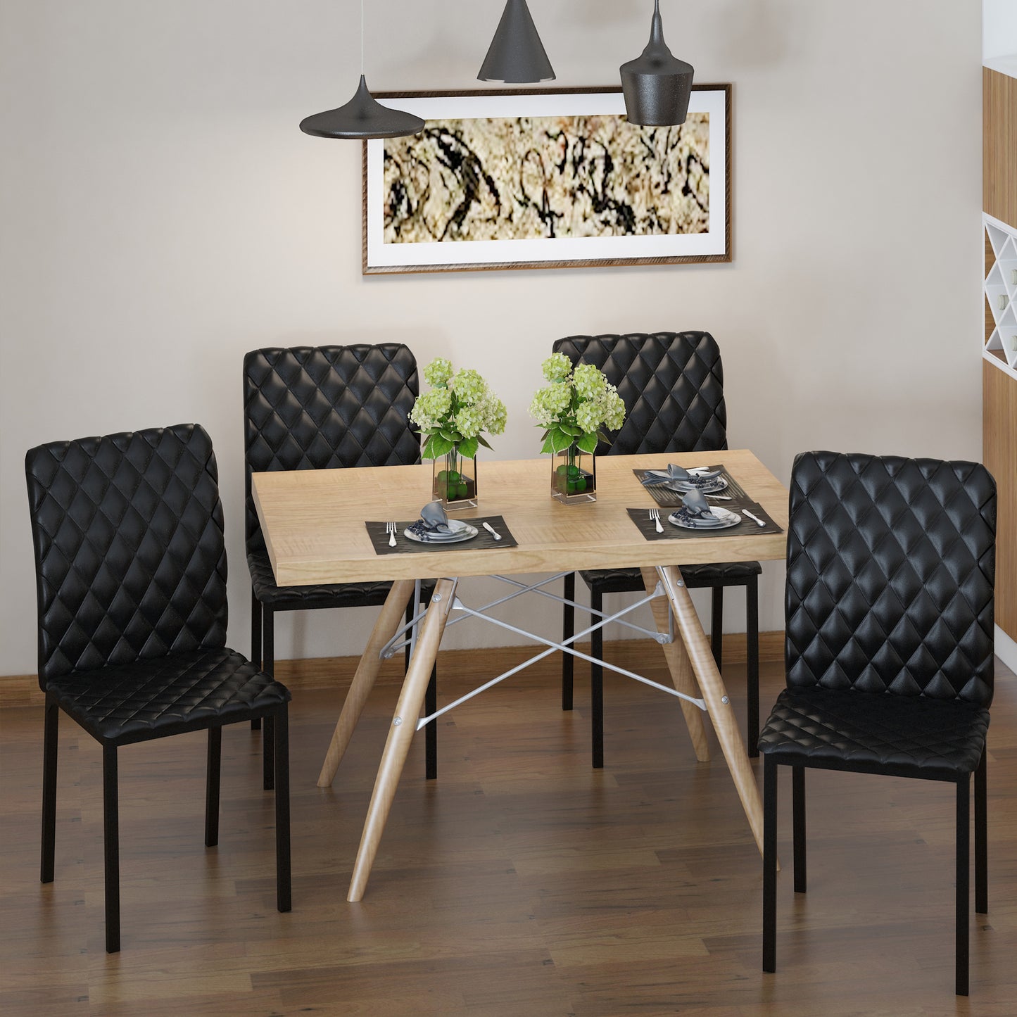 Modern Dining Chairs Set of 4, Upholstered Faux Leather Kitchen Chairs with Rhombic Tufting and Metal Legs for Living Room, Black