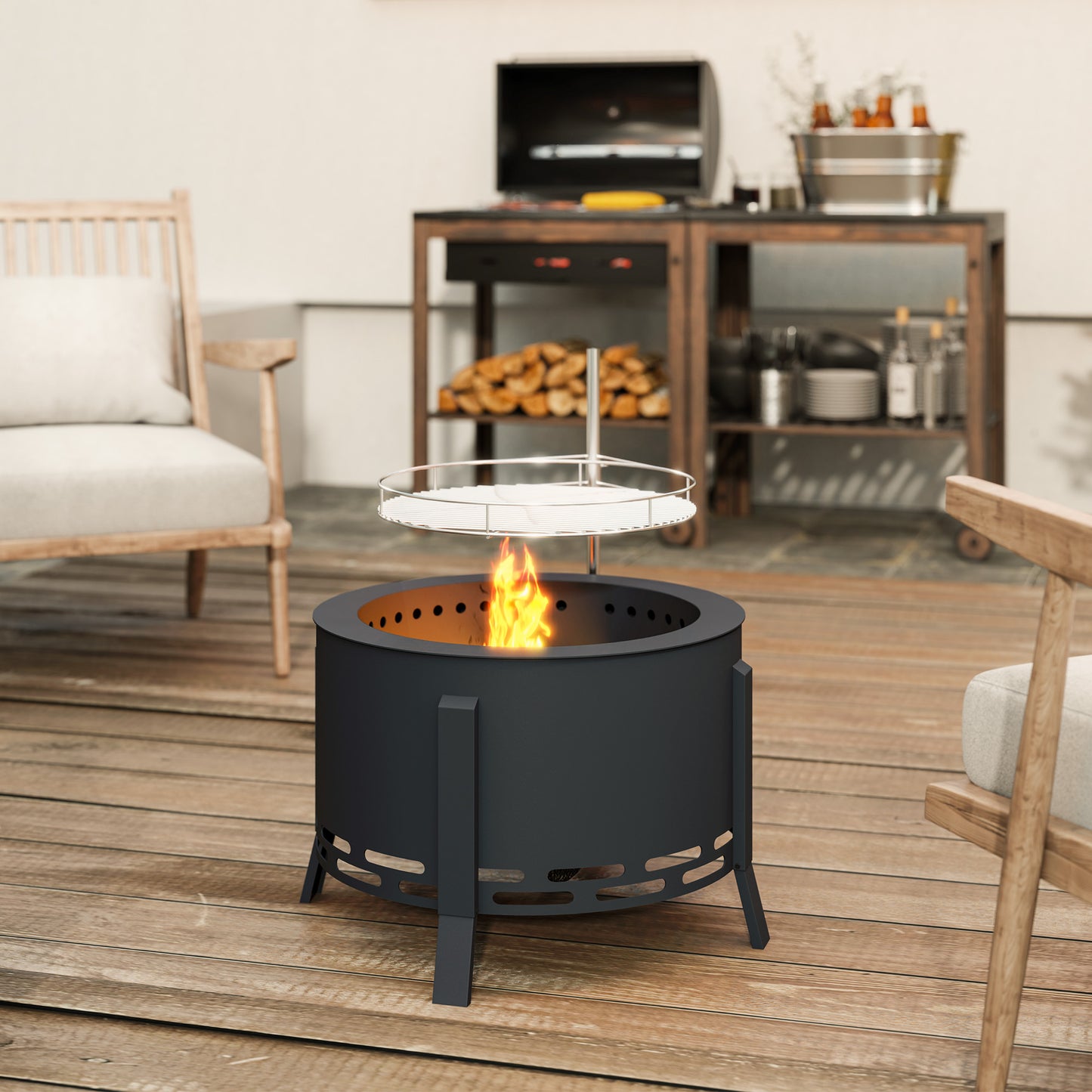 Outdoor Fire Pit, Round Firepit with Grill Grate, Fire Bowl with Ash Catcher and Poker for Backyard Camping Bonfire Picnic, Black