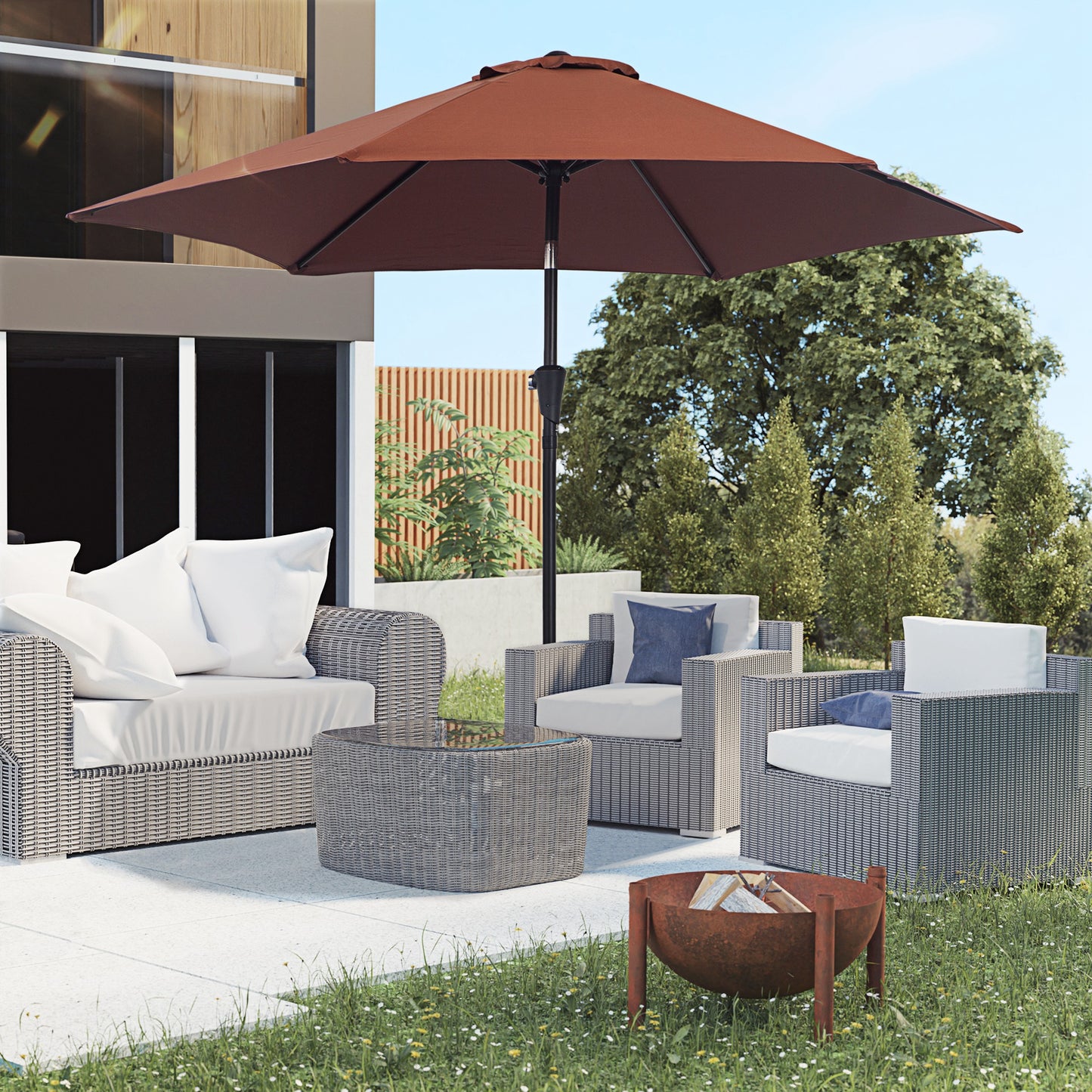 8.5FT Patio Umbrella, Round Garden Parasol with 6 Ribs, Market Sunshade Tilt Canopy w/ Crank Handle for Outdoor, Coffee