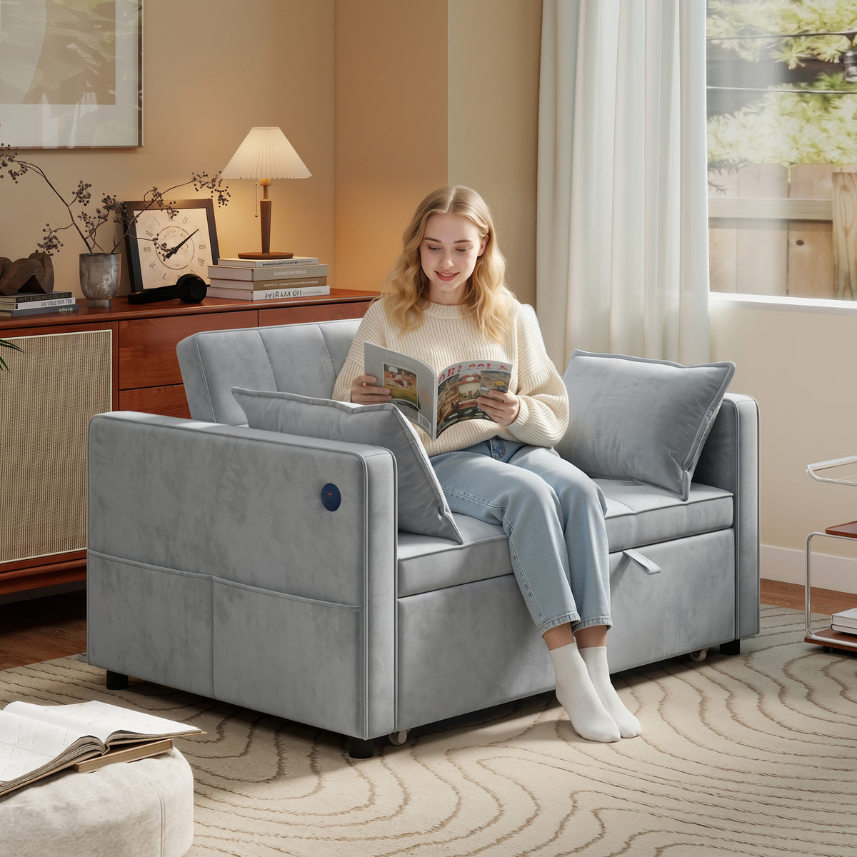 3-in-1 Convertible Sofa Bed, Pull-Out Sleeper Sofa with USB Charging, Adjustable Backrest and Side Pockets, Light Grey