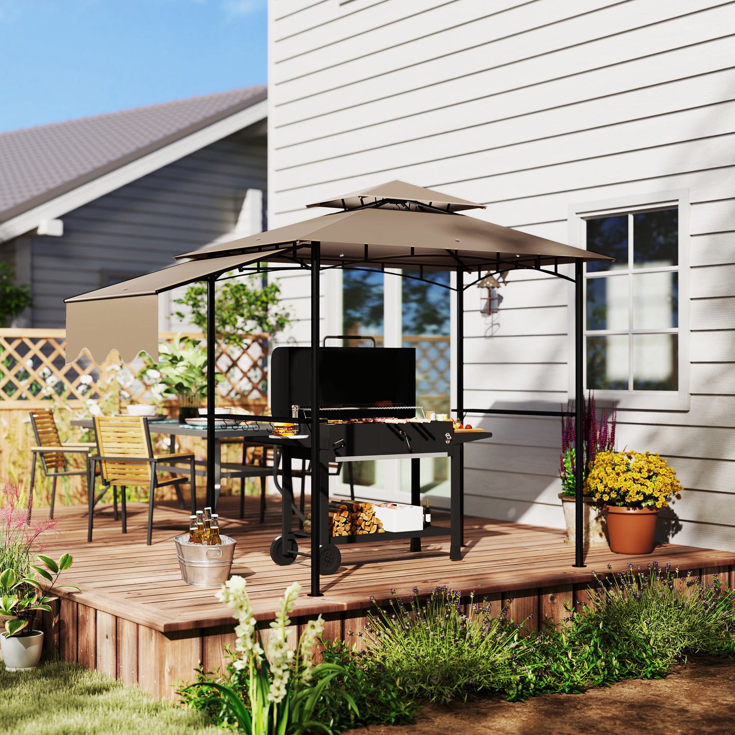 8' x 5' Grill Gazebo, Double Tiered Barbecue Grill Gazebo Shelter with Side Awning, 2 Side Shelves, 6 Hooks, Khaki
