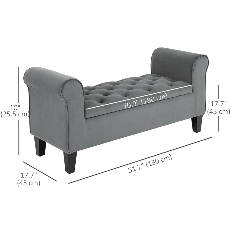 Button-Tufted Storage Bench with Rolled Arms - Grey