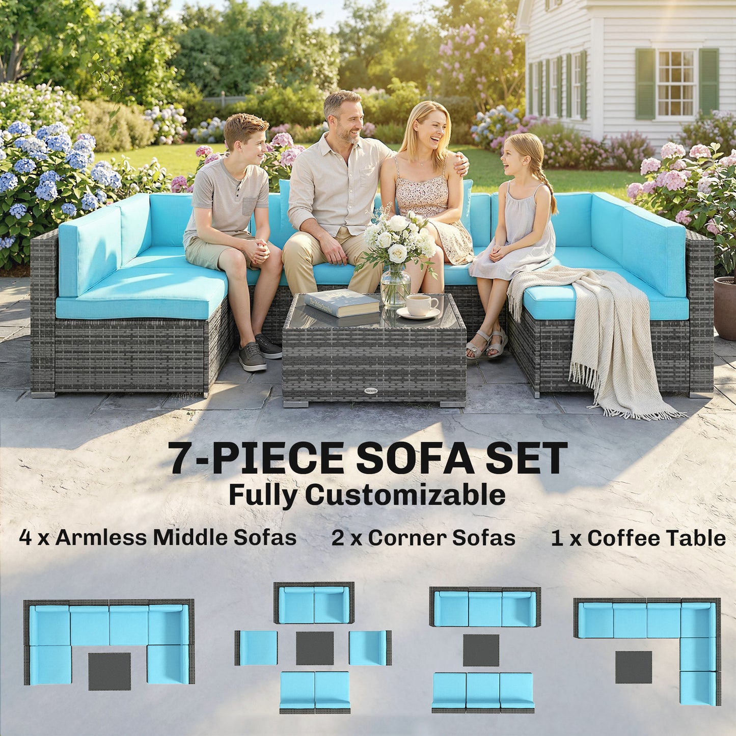 7 Piece Patio Furniture Set, PE Rattan Outdoor Conversation Set with Sectional Sofa