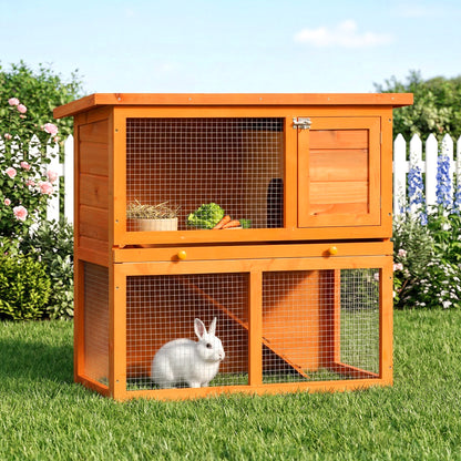 Yellow Wooden Rabbit Hutch with Run & Waterproof Roof