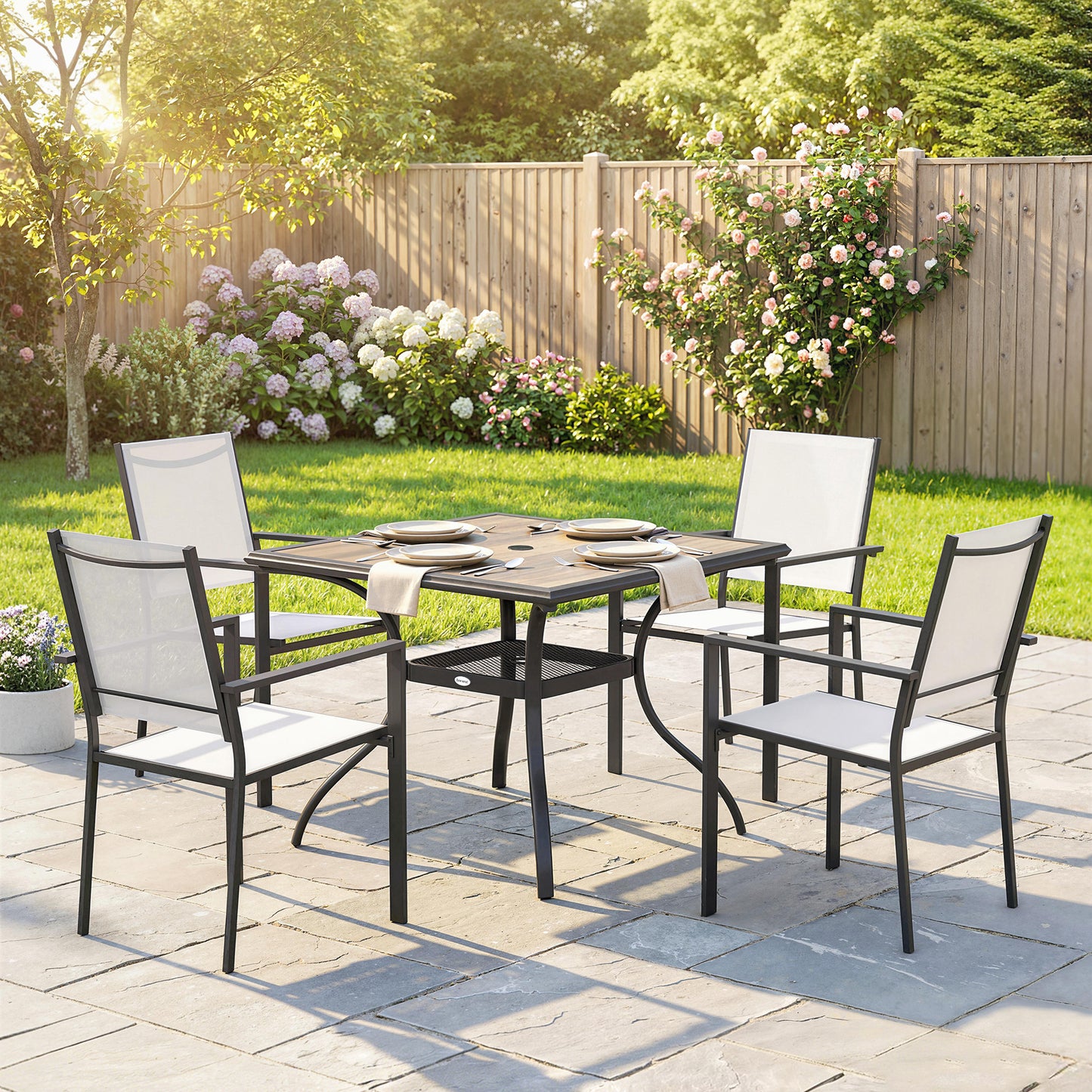 5 Piece Outdoor Patio Dining Set, Dining Table and 4 Stackable Chairs with Umbrella Hole, Shelf