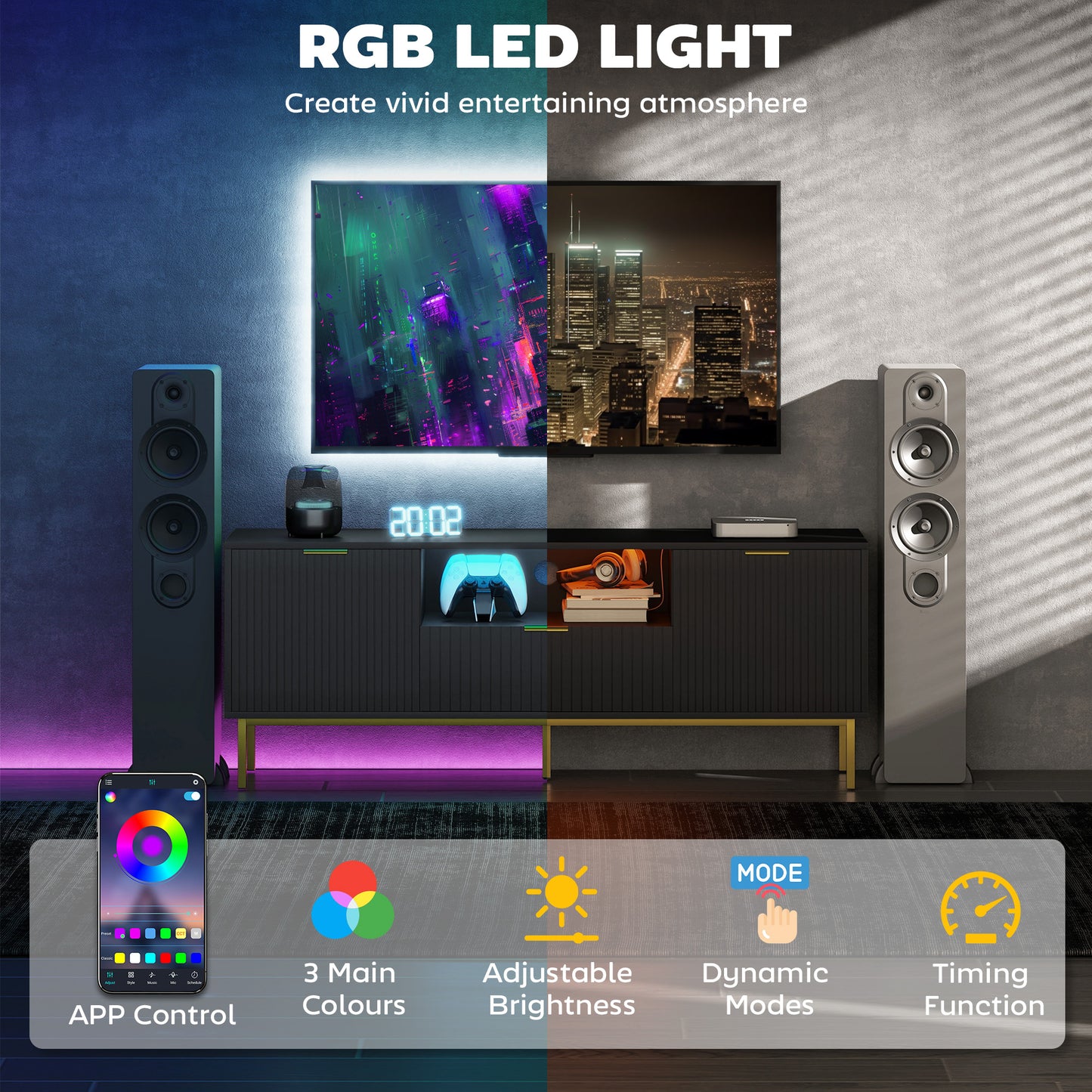 Modern TV Console for TVs up to 60 Inch, Entertainment Center with Smart RGB LED Lights and Soft Close Doors, Black