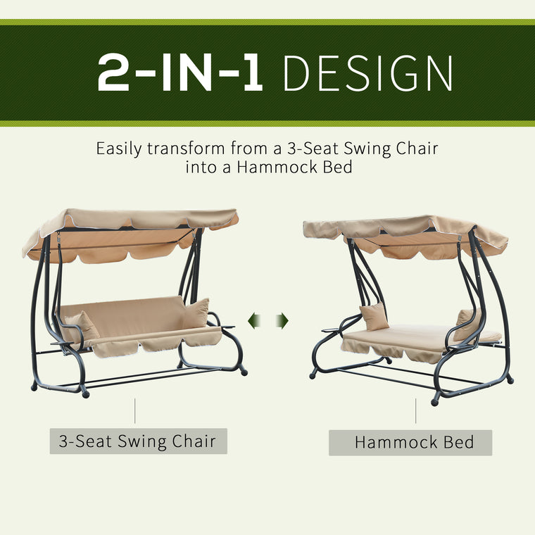 3-Seat Convertible Swing Bed with Canopy & Cup Holder