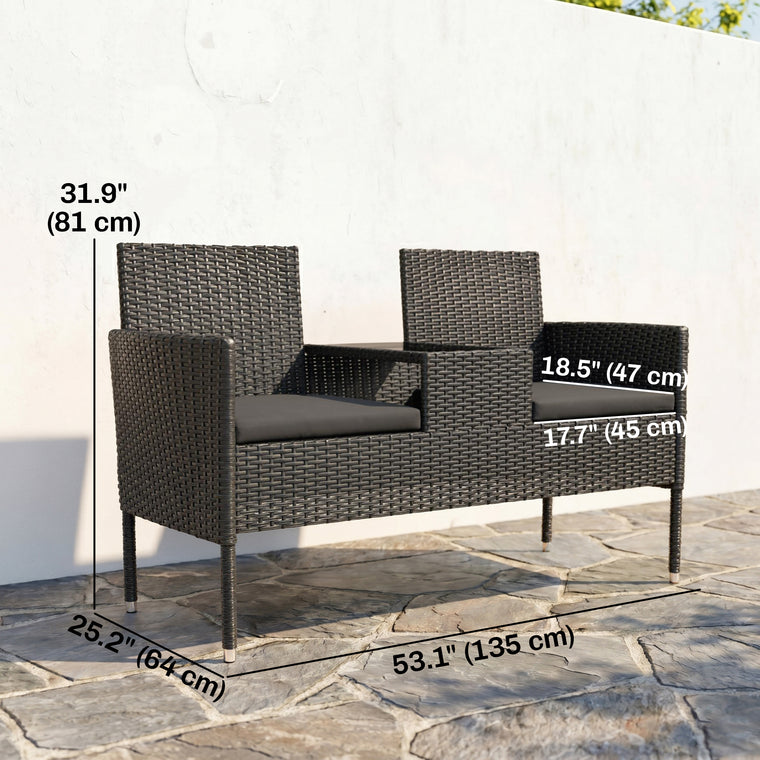 Black PE Rattan Loveseat with Mid-Table