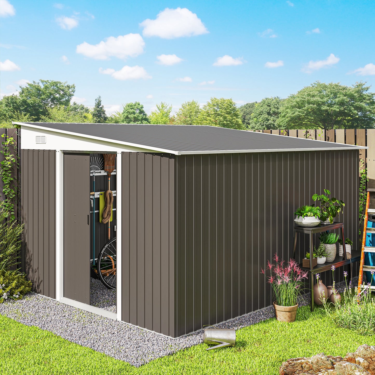 11' x 9' Steel Garden Storage Shed, Outdoor Metal Tool House with Double Sliding Doors & 2 Air Vents, Grey