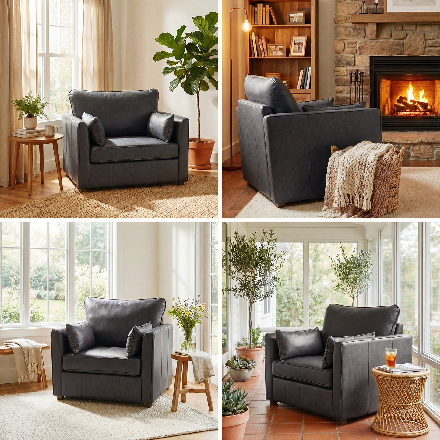 Accent Chair, PU Leather Armchair with Wide Seat, Spring Cushion, Rubberwood legs, 2 Pillows, Black