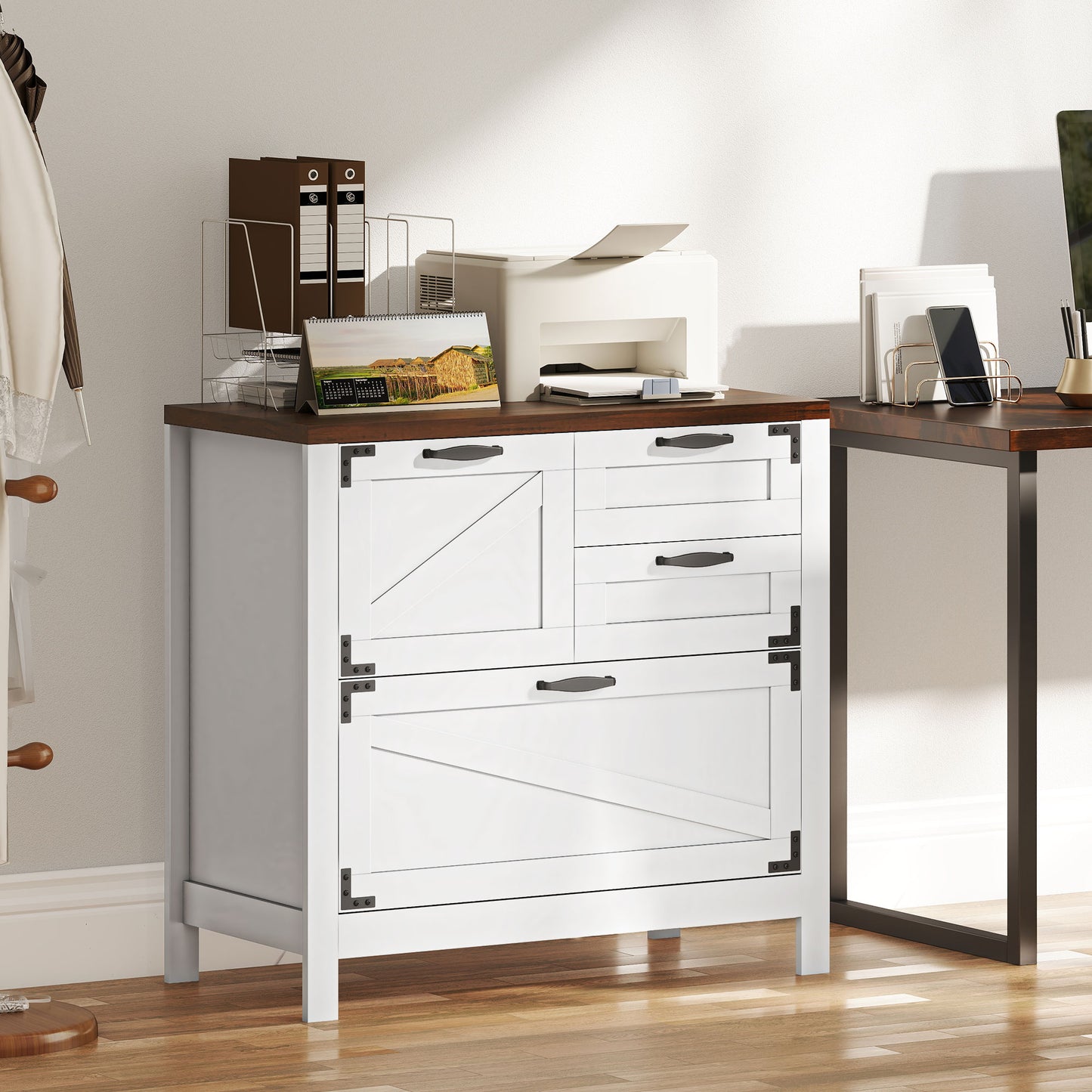 Lateral Filing Cabinet, Farmhouse File Cabinet with 4 Drawers, Fit Letter/A4/Legal Hanging Files, White