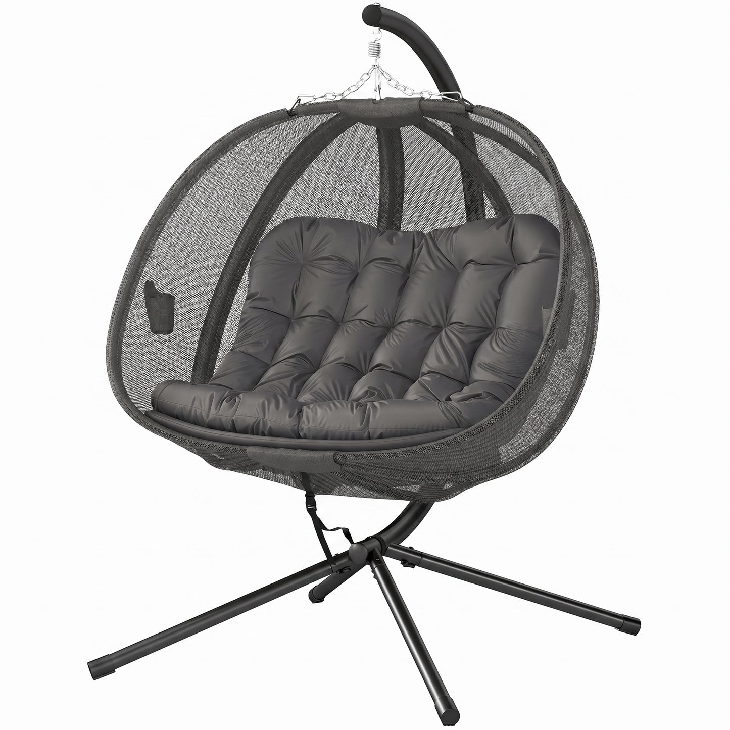 Double Egg Chair with Stand, 2 Person Hanging Swing Egg Chair with Cushion, Pockets, Grey
