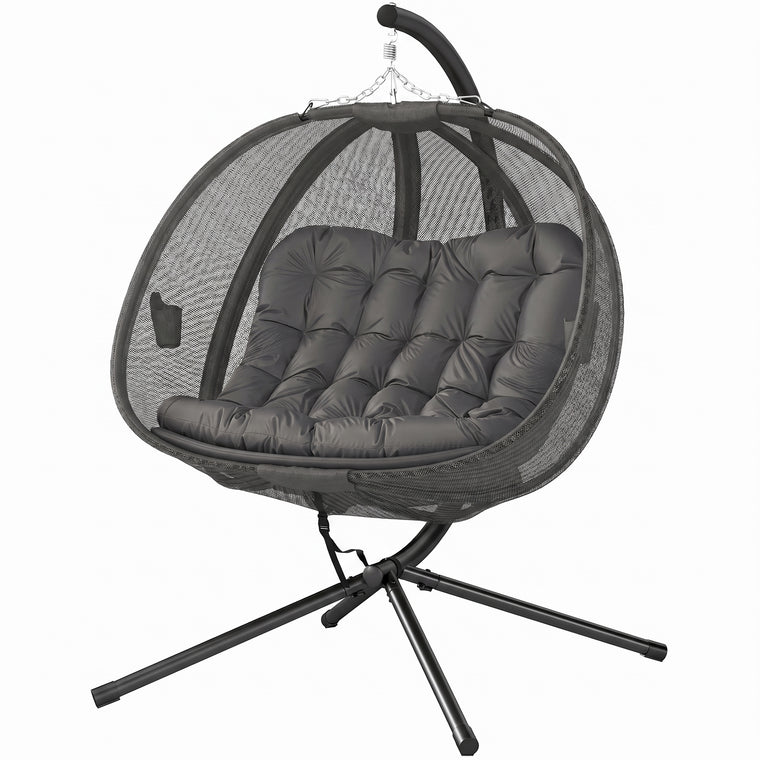 Double Egg Chair with Stand, Cushion and Pockets - Grey