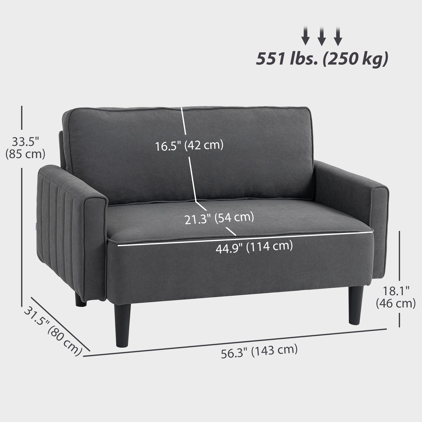 Loveseat Sofa, Linen 2 Seater Sofa Couch with Thick Padded Seat & Backrest for Living Room, Home Office, Dark Grey