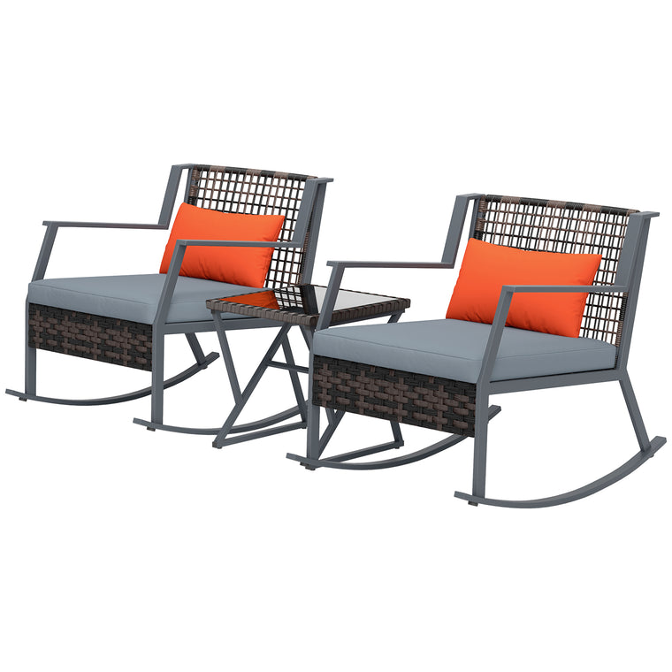 3-Piece Rocking Bistro Set with Cushions and Glass Table