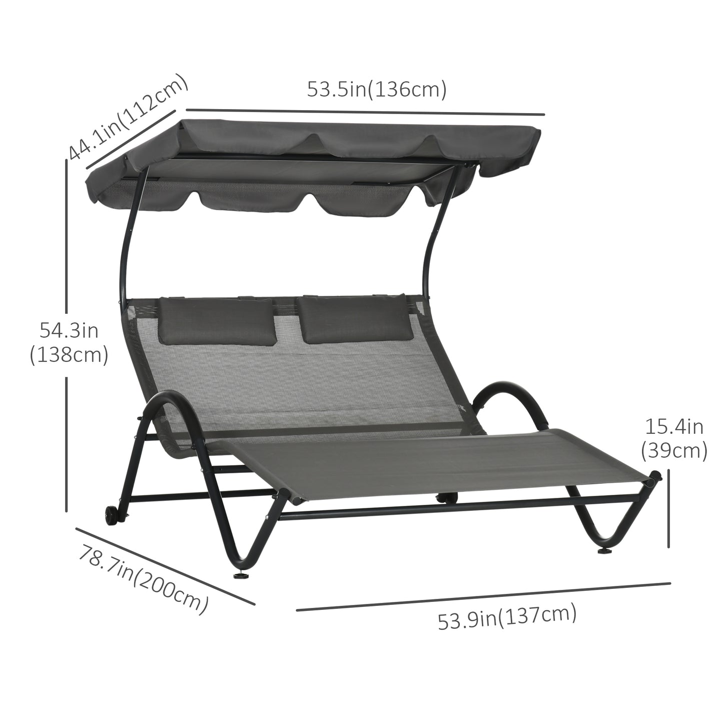 Outdoor Patio Chaise Lounge Chair, Patio Sun Lounger w/ Sunshade Roof, for Two People with Wheels and Breathable Sling Mesh Bed, Pillows, Dark Gray