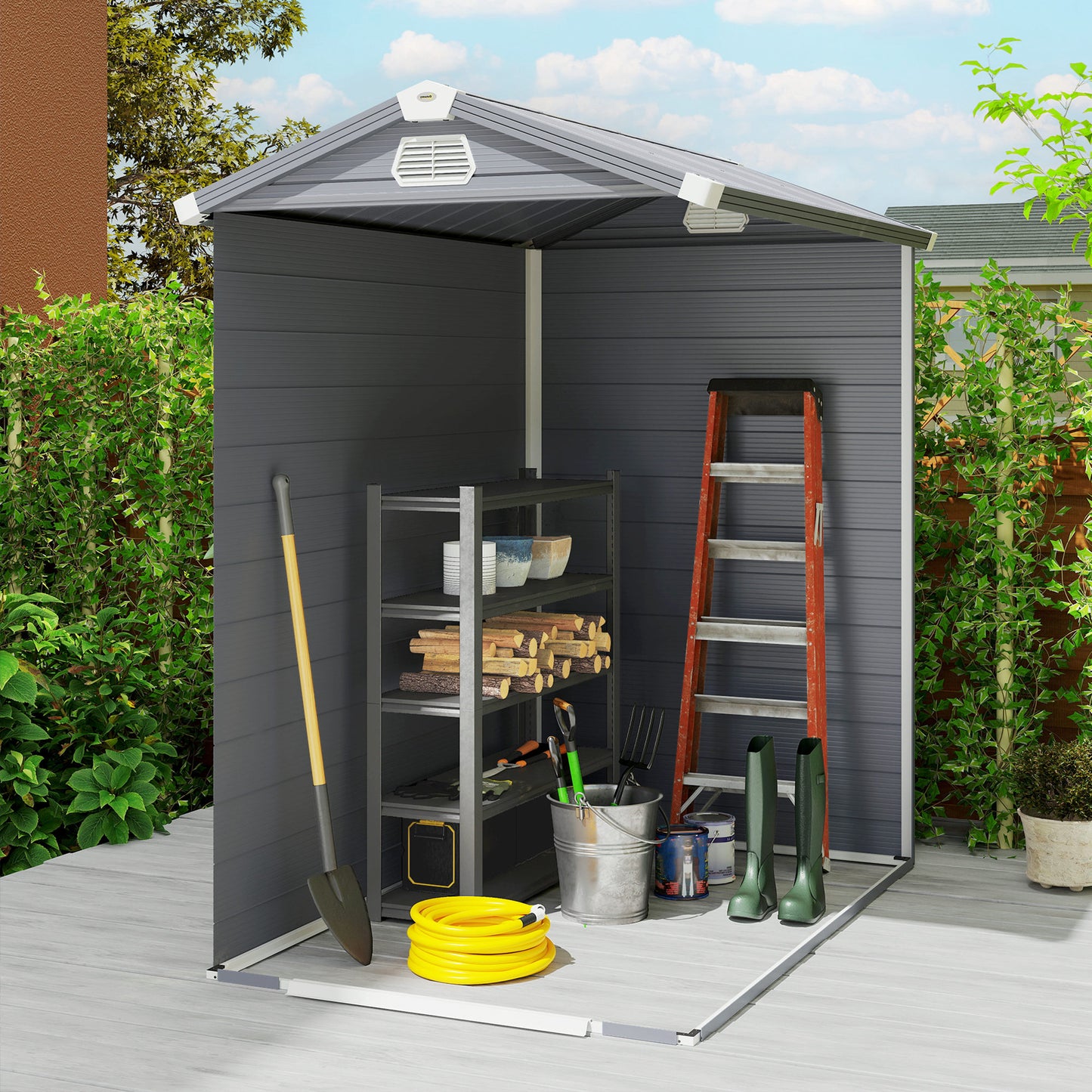 4.5' x 6' Garden Storage Shed with Latch Door, Vents, Sloped Roof, Light Grey