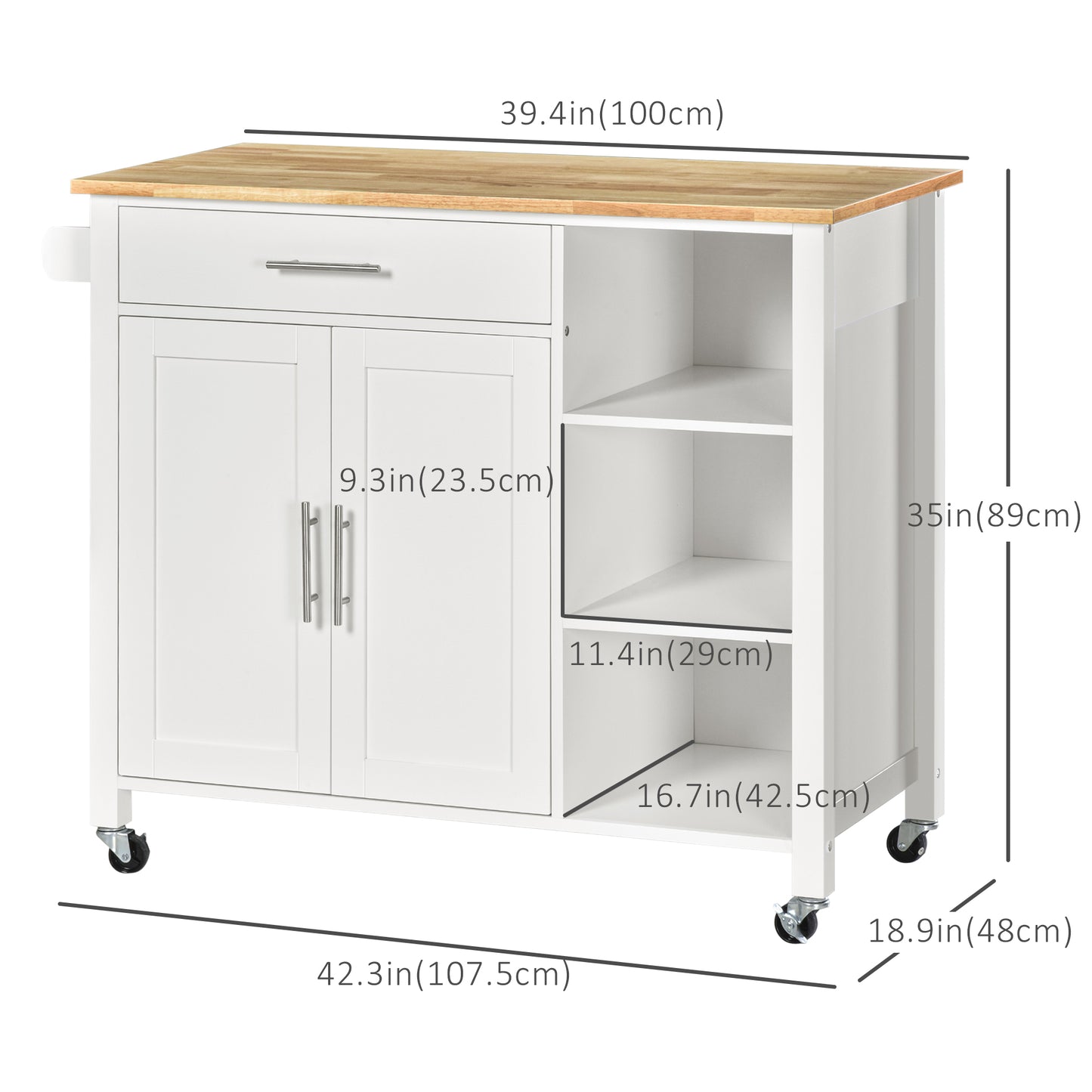 Wooden Rolling Kitchen Island on 360-Degree Swivel Wheels, Dining Cart with Drawer and Towel Rack, White