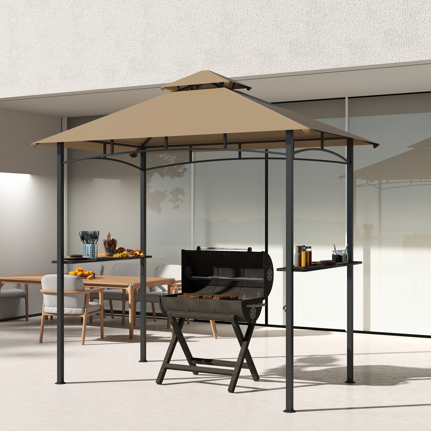 8' x 5' BBQ Grill Gazebo Tent with Double Tiered Canopy for Outdoor Sun Shade, Khaki