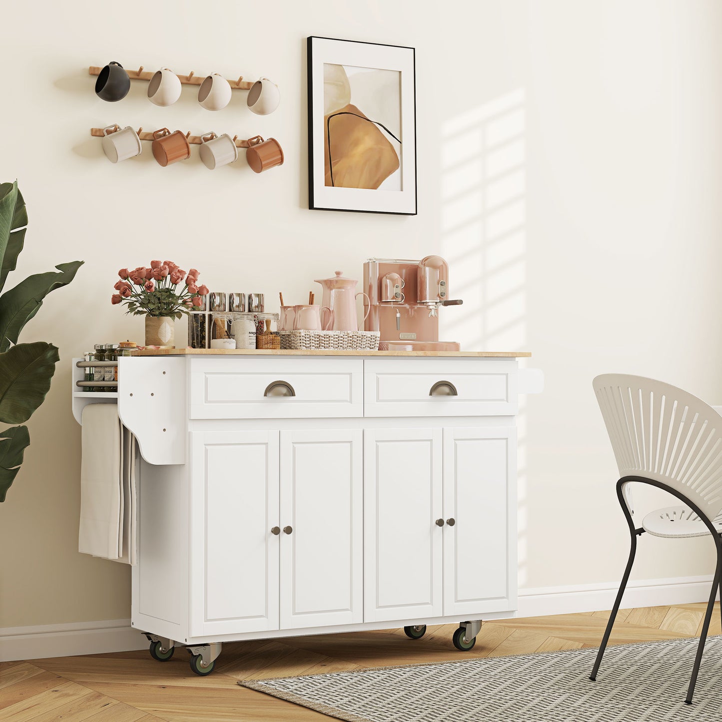 Kitchen Island with Storage, Rolling Kitchen Island with Drop Leaf, Rubber Wood Top and Adjustable Shelves, White